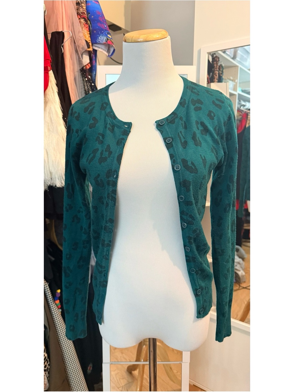 MAK Yemak Teal & Black Leopard Print Cardigan Sweater Size Medium